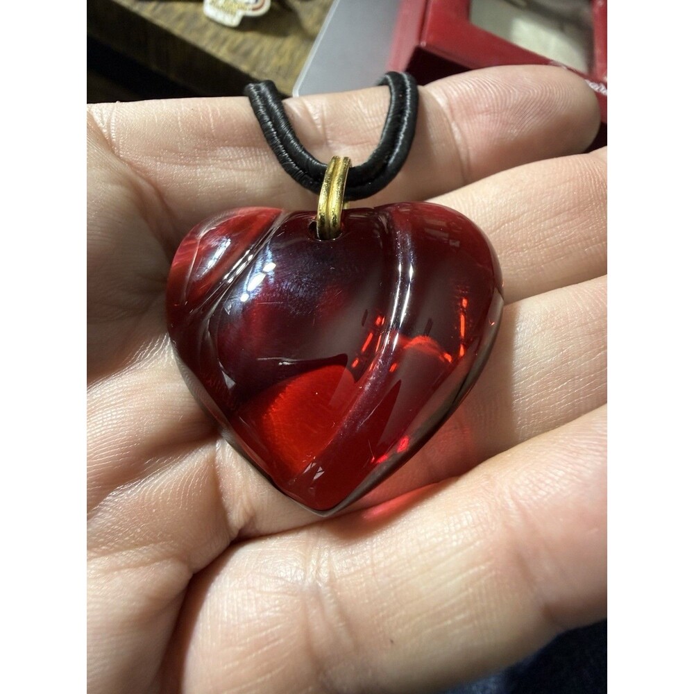 Baccarat Crystal Heart Necklace Red Black Cord With Box & Booklet DAMAGED*